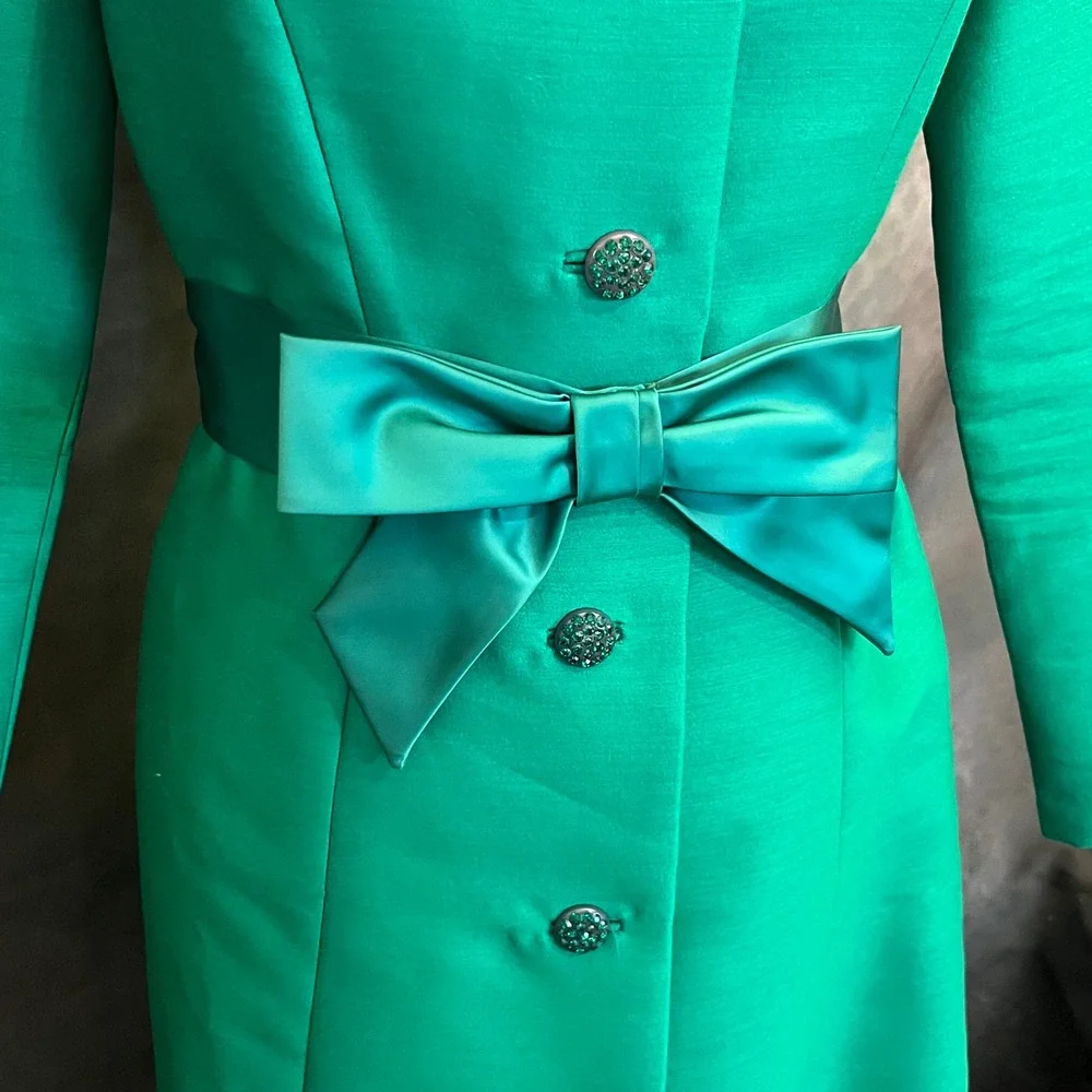 Vintage 1959–62 Emerald Shantung Cocktail Coat Crystal Buttons & Satin Bow‎ Belt - Picture 3 of 9